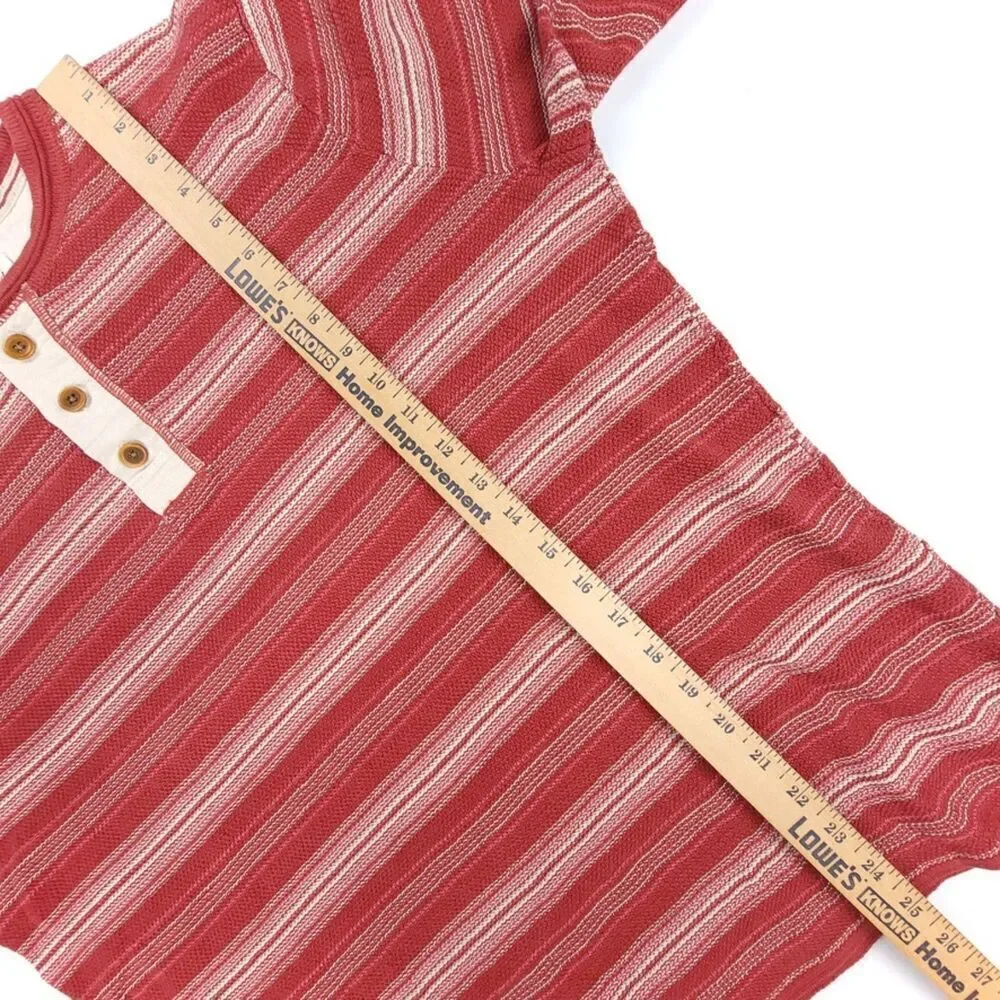 LUCKY BRAND 90s Handcrafted Knit Henley Sweater Mens Large Red Vintage Stripe - Picture 4 of 9
